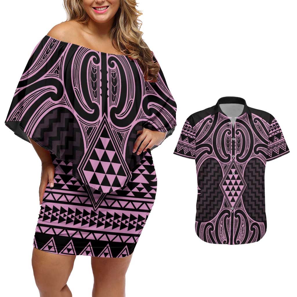 Mawhero Maori Ta Moko Poutama Art Couples Matching Off Shoulder Short Dress and Hawaiian Shirt LT9 Pink - Polynesian Pride