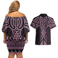 Mawhero Maori Ta Moko Poutama Art Couples Matching Off Shoulder Short Dress and Hawaiian Shirt LT9 - Polynesian Pride