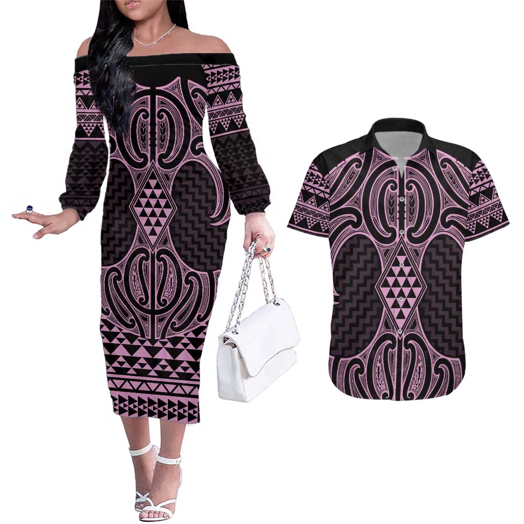 Mawhero Maori Ta Moko Poutama Art Couples Matching Off The Shoulder Long Sleeve Dress and Hawaiian Shirt LT9 Pink - Polynesian Pride