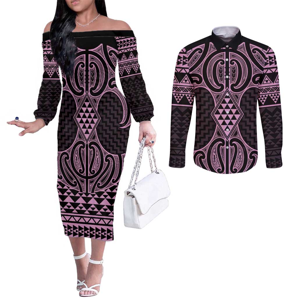 Mawhero Maori Ta Moko Poutama Art Couples Matching Off The Shoulder Long Sleeve Dress and Long Sleeve Button Shirt LT9 Pink - Polynesian Pride