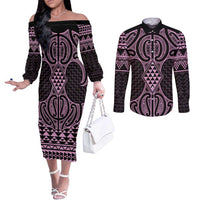 Mawhero Maori Ta Moko Poutama Art Couples Matching Off The Shoulder Long Sleeve Dress and Long Sleeve Button Shirt LT9 Pink - Polynesian Pride