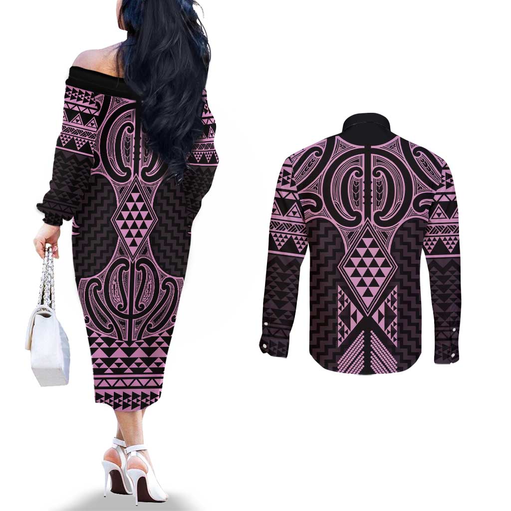 Mawhero Maori Ta Moko Poutama Art Couples Matching Off The Shoulder Long Sleeve Dress and Long Sleeve Button Shirt LT9 - Polynesian Pride
