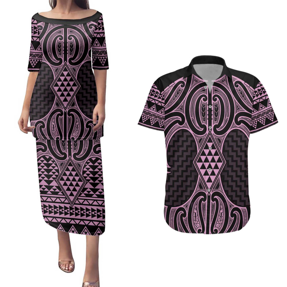 Mawhero Maori Ta Moko Poutama Art Couples Matching Puletasi and Hawaiian Shirt LT9 Pink - Polynesian Pride