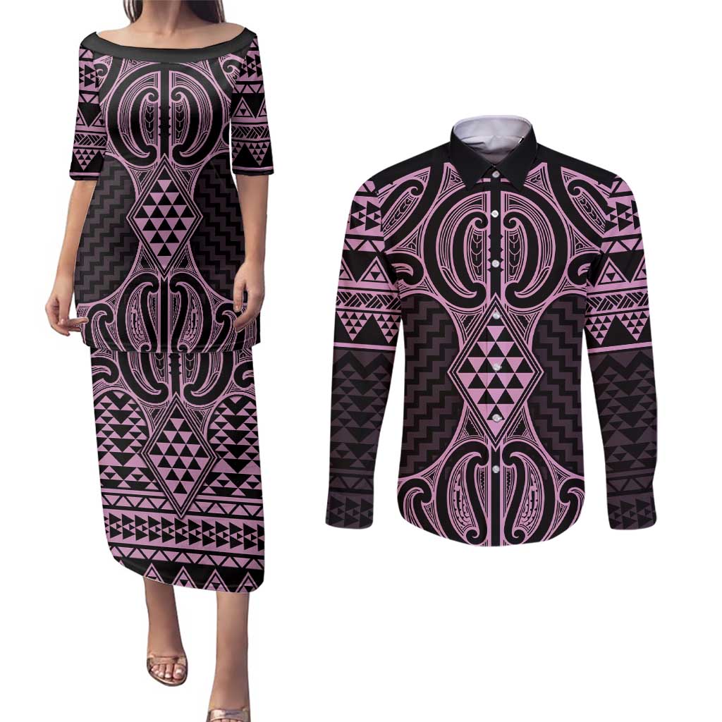 Mawhero Maori Ta Moko Poutama Art Couples Matching Puletasi and Long Sleeve Button Shirt LT9 Pink - Polynesian Pride