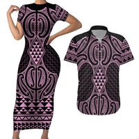 Mawhero Maori Ta Moko Poutama Art Couples Matching Short Sleeve Bodycon Dress and Hawaiian Shirt LT9 Pink - Polynesian Pride