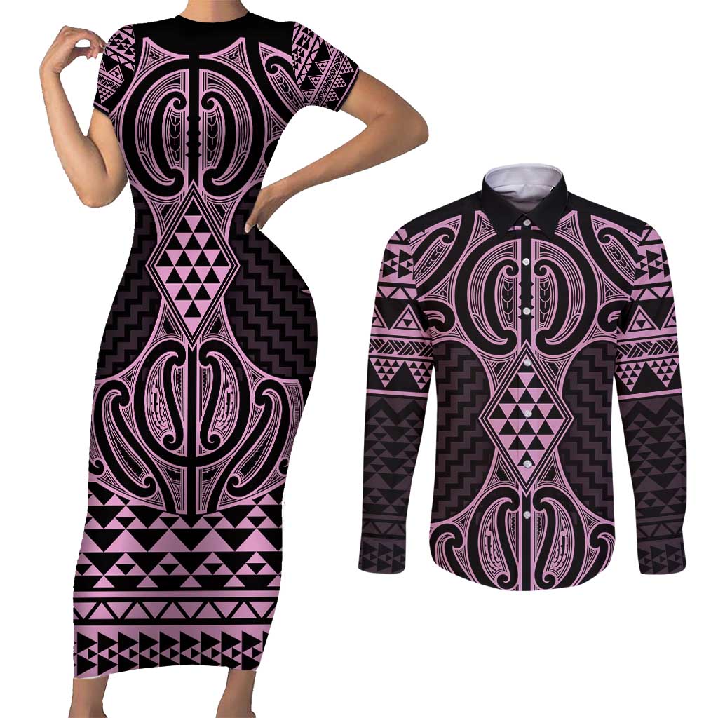 Mawhero Maori Ta Moko Poutama Art Couples Matching Short Sleeve Bodycon Dress and Long Sleeve Button Shirt LT9 Pink - Polynesian Pride
