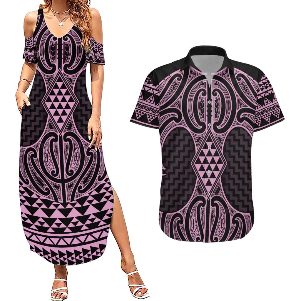 Mawhero Maori Ta Moko Poutama Art Couples Matching Summer Maxi Dress and Hawaiian Shirt LT9 Pink - Polynesian Pride