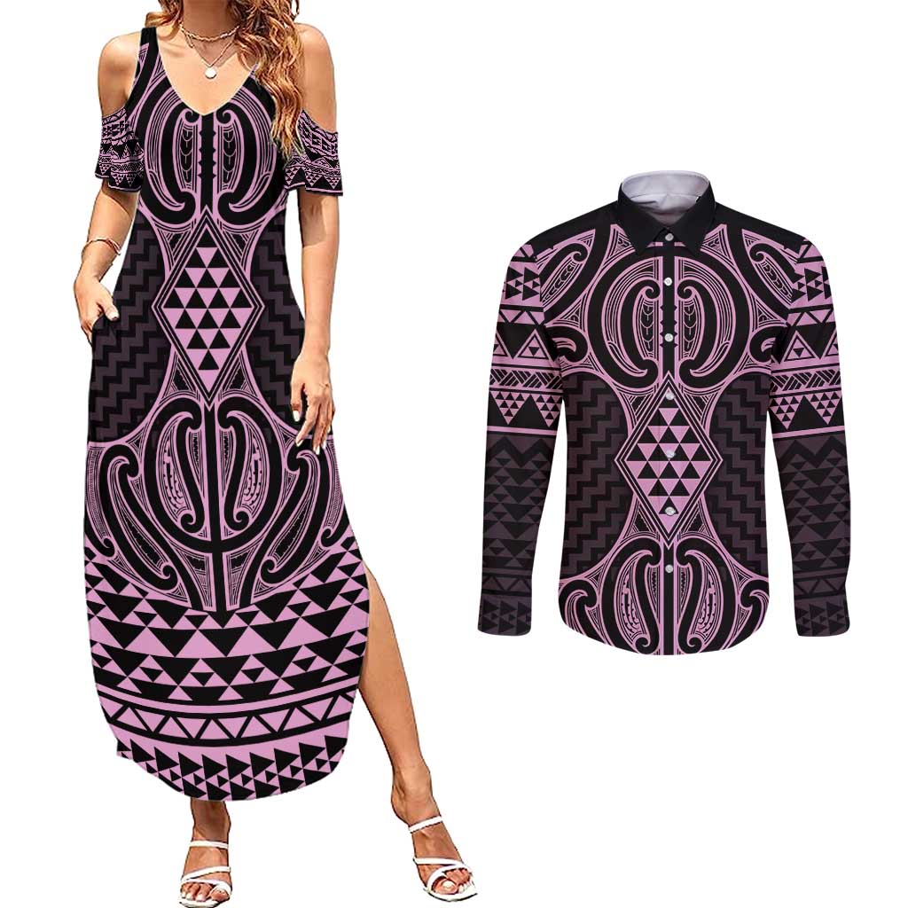 Mawhero Maori Ta Moko Poutama Art Couples Matching Summer Maxi Dress and Long Sleeve Button Shirt LT9 Pink - Polynesian Pride