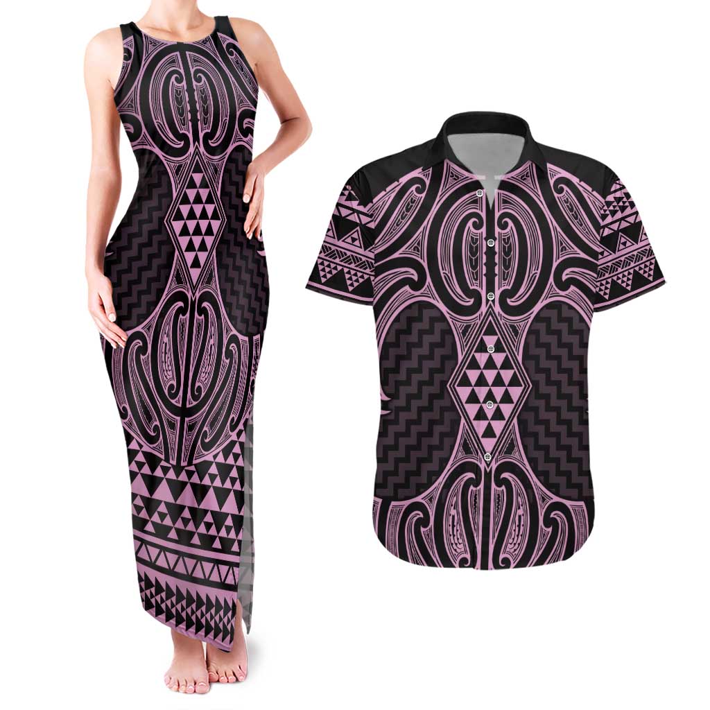 Mawhero Maori Ta Moko Poutama Art Couples Matching Tank Maxi Dress and Hawaiian Shirt LT9 Pink - Polynesian Pride