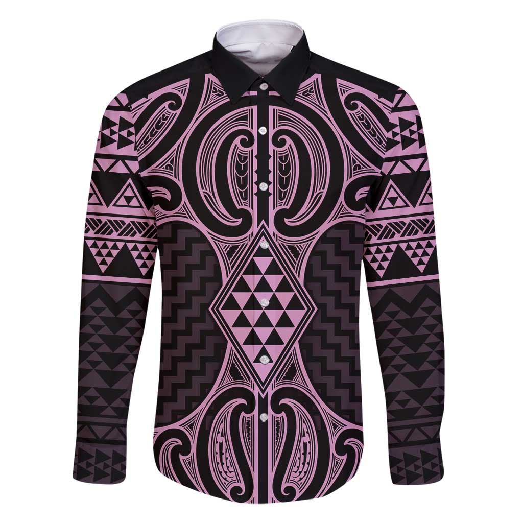Mawhero Maori Ta Moko Poutama Art Family Matching Long Sleeve Bodycon Dress and Hawaiian Shirt LT9 Dad's Shirt - Long Sleeve Pink - Polynesian Pride