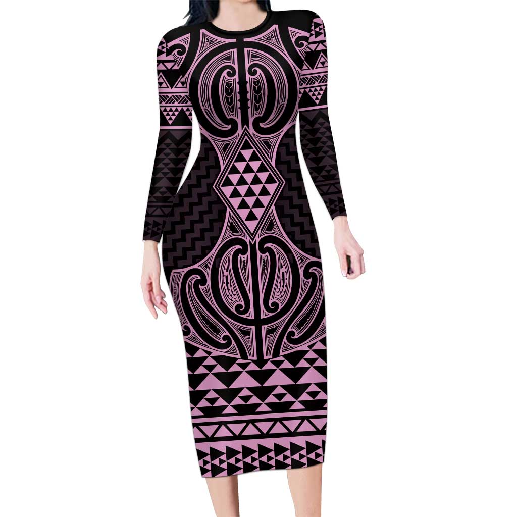Mawhero Maori Ta Moko Poutama Art Family Matching Long Sleeve Bodycon Dress and Hawaiian Shirt LT9 Mom's Dress Pink - Polynesian Pride