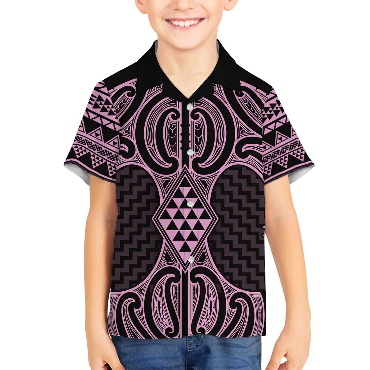 Mawhero Maori Ta Moko Poutama Art Family Matching Off The Shoulder Long Sleeve Dress and Hawaiian Shirt LT9 Son's Shirt Pink - Polynesian Pride