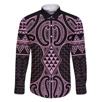 Mawhero Maori Ta Moko Poutama Art Family Matching Off Shoulder Maxi Dress and Hawaiian Shirt LT9 Dad's Shirt - Long Sleeve Pink - Polynesian Pride