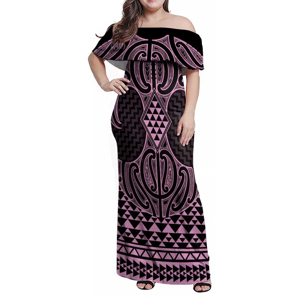 Mawhero Maori Ta Moko Poutama Art Family Matching Off Shoulder Maxi Dress and Hawaiian Shirt LT9 Mom's Dress Pink - Polynesian Pride