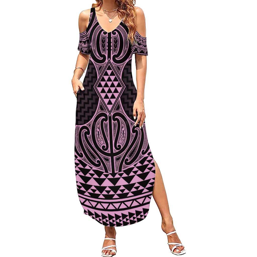 Mawhero Maori Ta Moko Poutama Art Family Matching Summer Maxi Dress and Hawaiian Shirt LT9 Mom's Dress Pink - Polynesian Pride