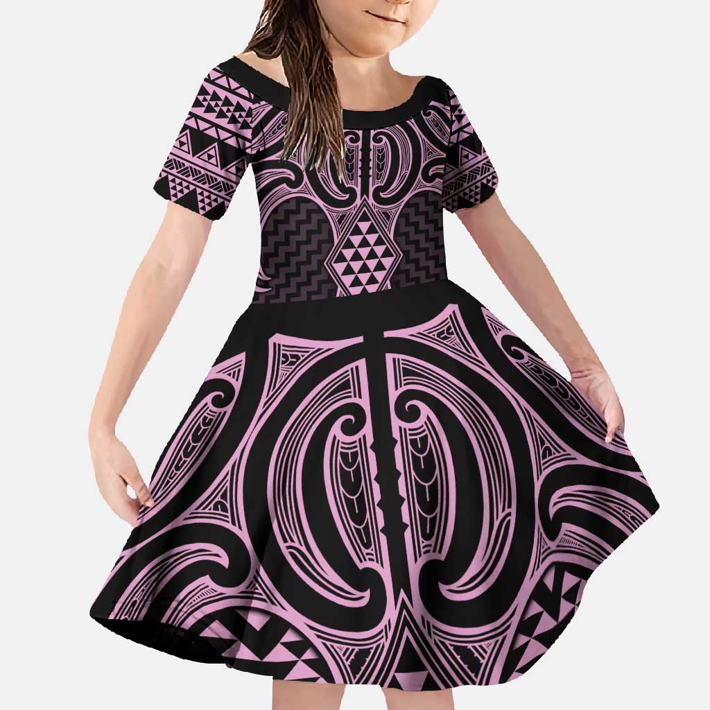 Mawhero Maori Ta Moko Poutama Art Family Matching Tank Maxi Dress and Hawaiian Shirt LT9 Daughter's Dress Pink - Polynesian Pride