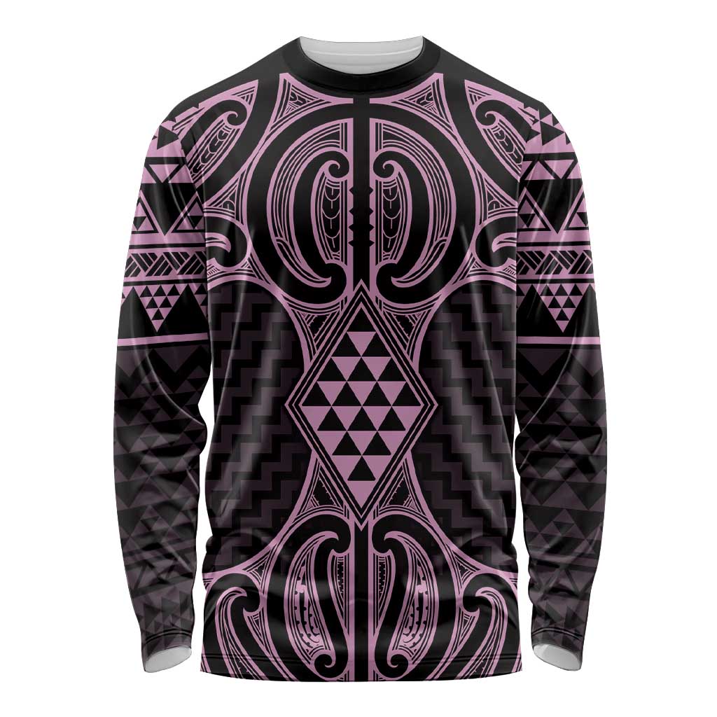 Mawhero Maori Ta Moko Poutama Art Long Sleeve Shirt LT9 Unisex Pink - Polynesian Pride