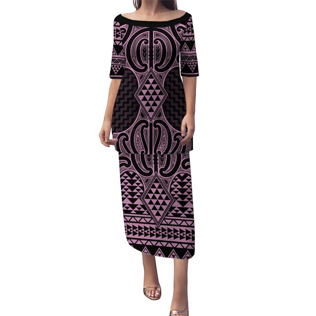 Mawhero Maori Ta Moko Poutama Art Puletasi LT9 Long Dress Pink - Polynesian Pride