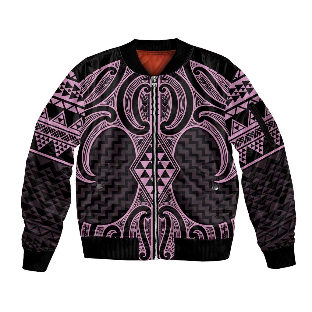 Mawhero Maori Ta Moko Poutama Art Sleeve Zip Bomber Jacket LT9 Unisex Pink - Polynesian Pride