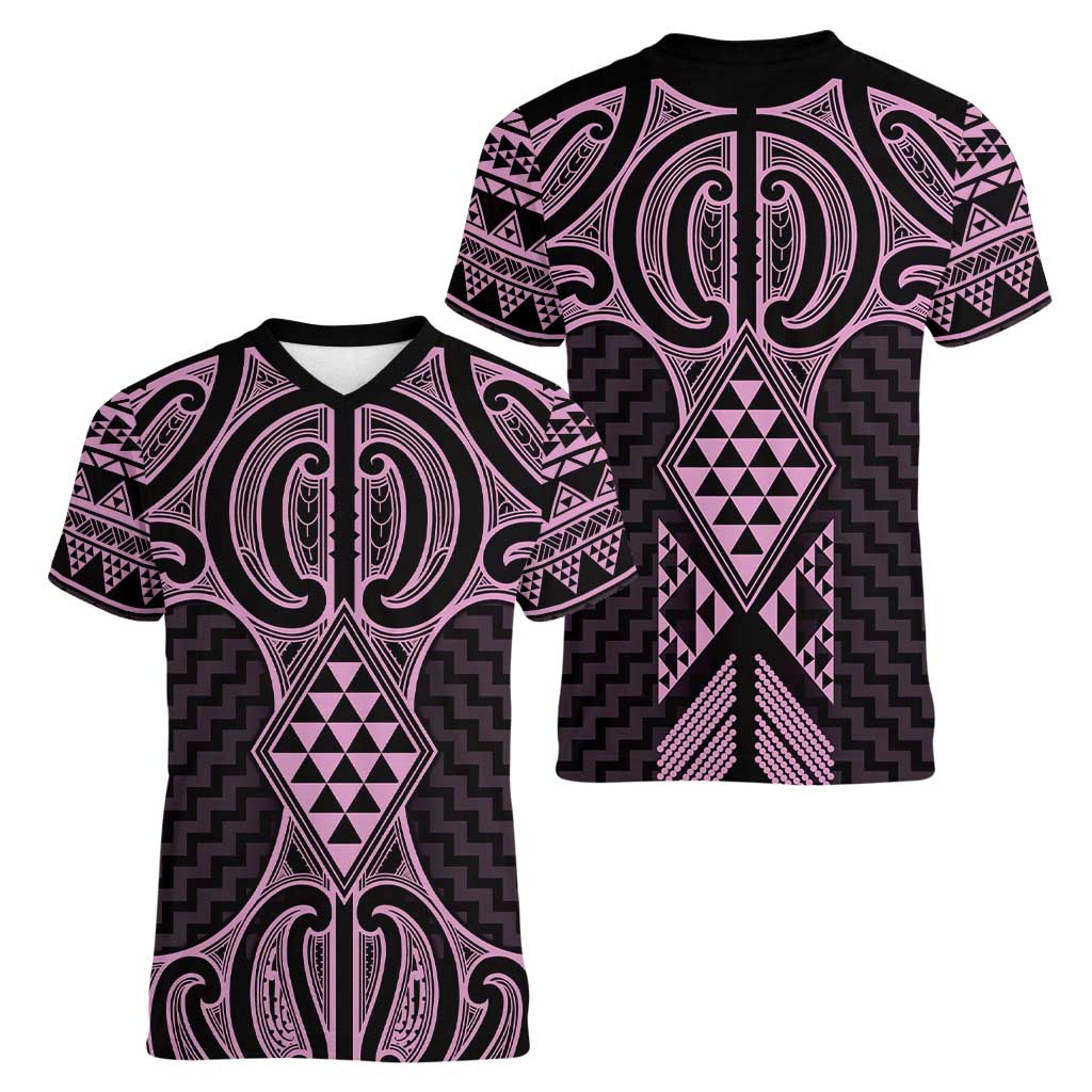 Mawhero Maori Ta Moko Poutama Art Women V-Neck T-Shirt LT9 - Polynesian Pride