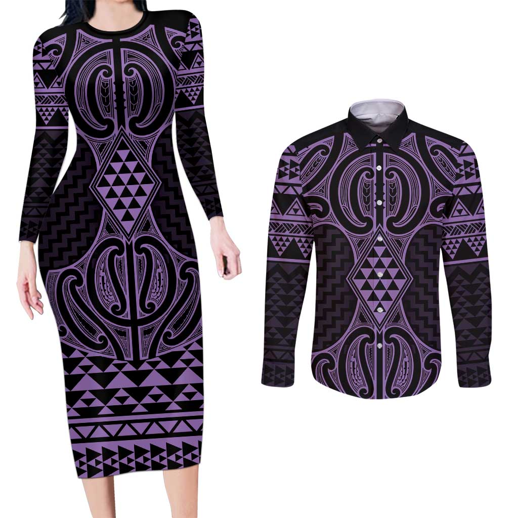 Waiporoporo Maori Ta Moko Poutama Art Couples Matching Long Sleeve Bodycon Dress and Long Sleeve Button Shirt LT9 Purple - Polynesian Pride