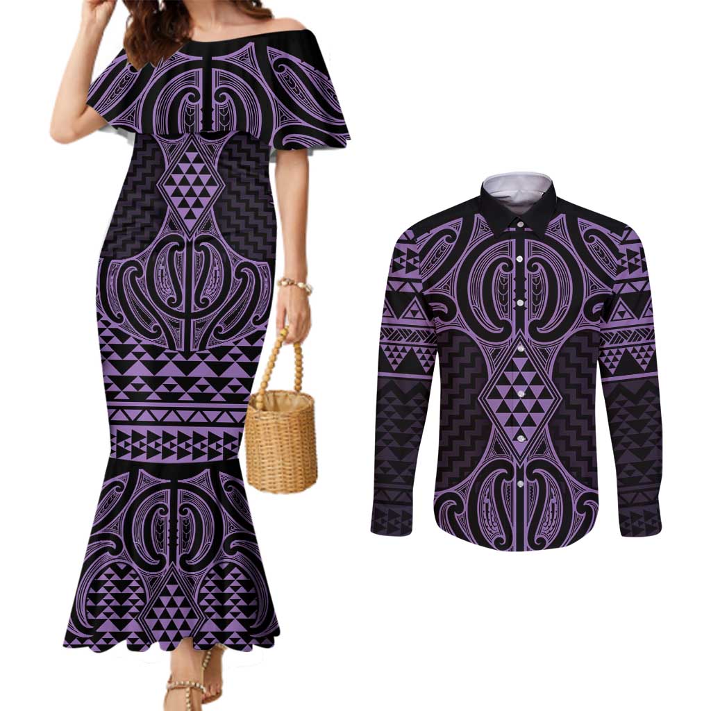 Waiporoporo Maori Ta Moko Poutama Art Couples Matching Mermaid Dress and Long Sleeve Button Shirt LT9 Purple - Polynesian Pride