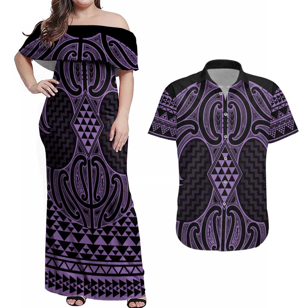 Waiporoporo Maori Ta Moko Poutama Art Couples Matching Off Shoulder Maxi Dress and Hawaiian Shirt LT9 Purple - Polynesian Pride