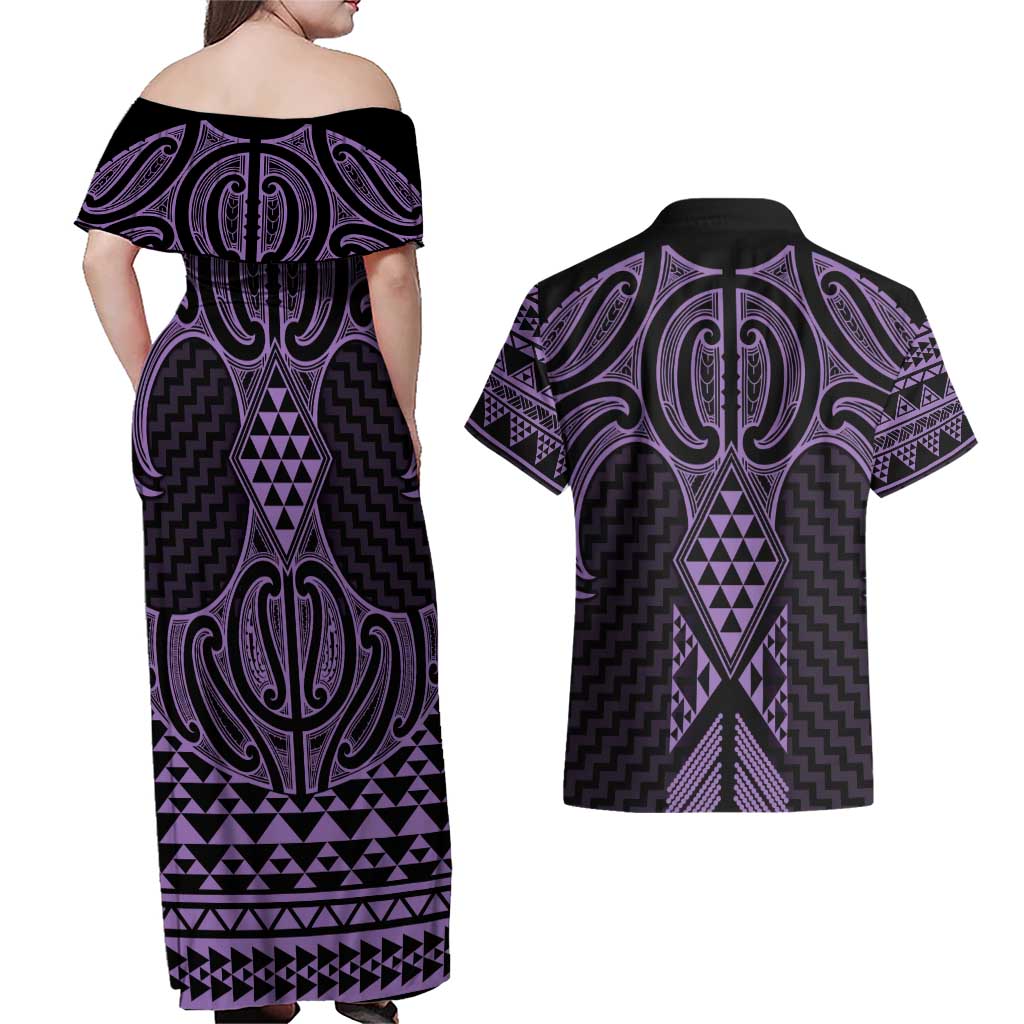 Waiporoporo Maori Ta Moko Poutama Art Couples Matching Off Shoulder Maxi Dress and Hawaiian Shirt LT9 - Polynesian Pride