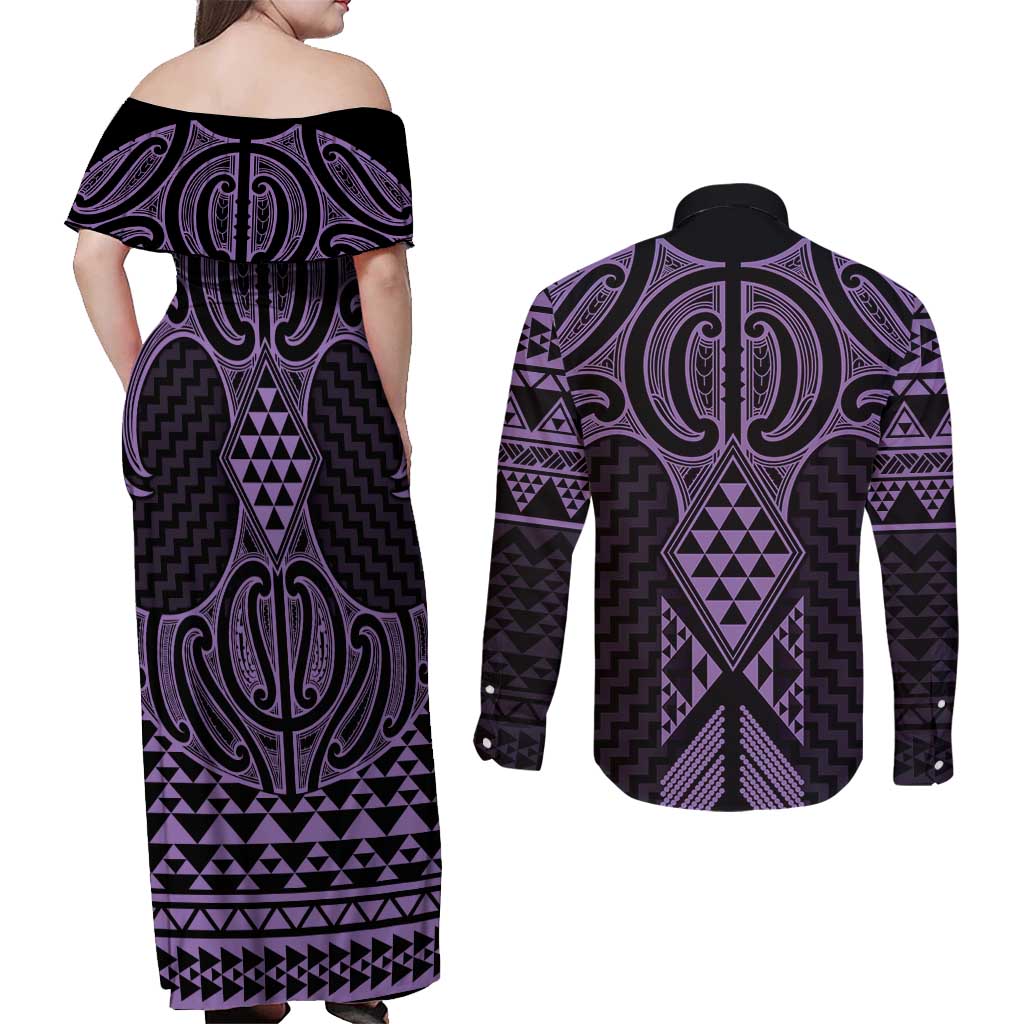 Waiporoporo Maori Ta Moko Poutama Art Couples Matching Off Shoulder Maxi Dress and Long Sleeve Button Shirt LT9 - Polynesian Pride