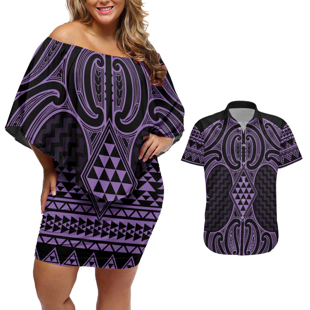 Waiporoporo Maori Ta Moko Poutama Art Couples Matching Off Shoulder Short Dress and Hawaiian Shirt LT9 Purple - Polynesian Pride