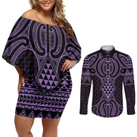 Waiporoporo Maori Ta Moko Poutama Art Couples Matching Off Shoulder Short Dress and Long Sleeve Button Shirt LT9 Purple - Polynesian Pride