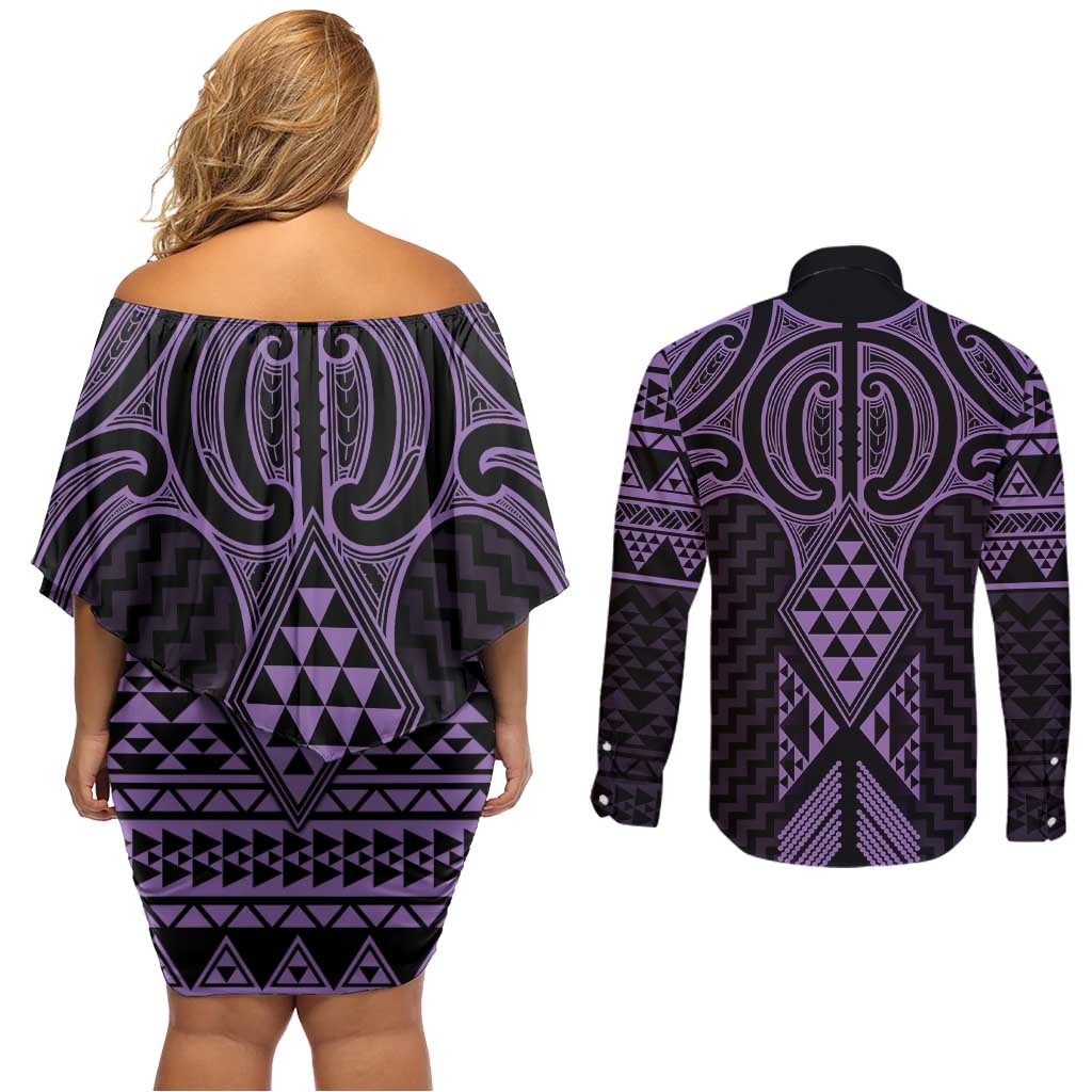 Waiporoporo Maori Ta Moko Poutama Art Couples Matching Off Shoulder Short Dress and Long Sleeve Button Shirt LT9 - Polynesian Pride