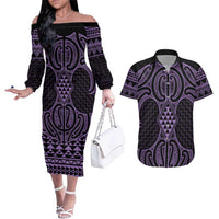 Waiporoporo Maori Ta Moko Poutama Art Couples Matching Off The Shoulder Long Sleeve Dress and Hawaiian Shirt LT9 Purple - Polynesian Pride