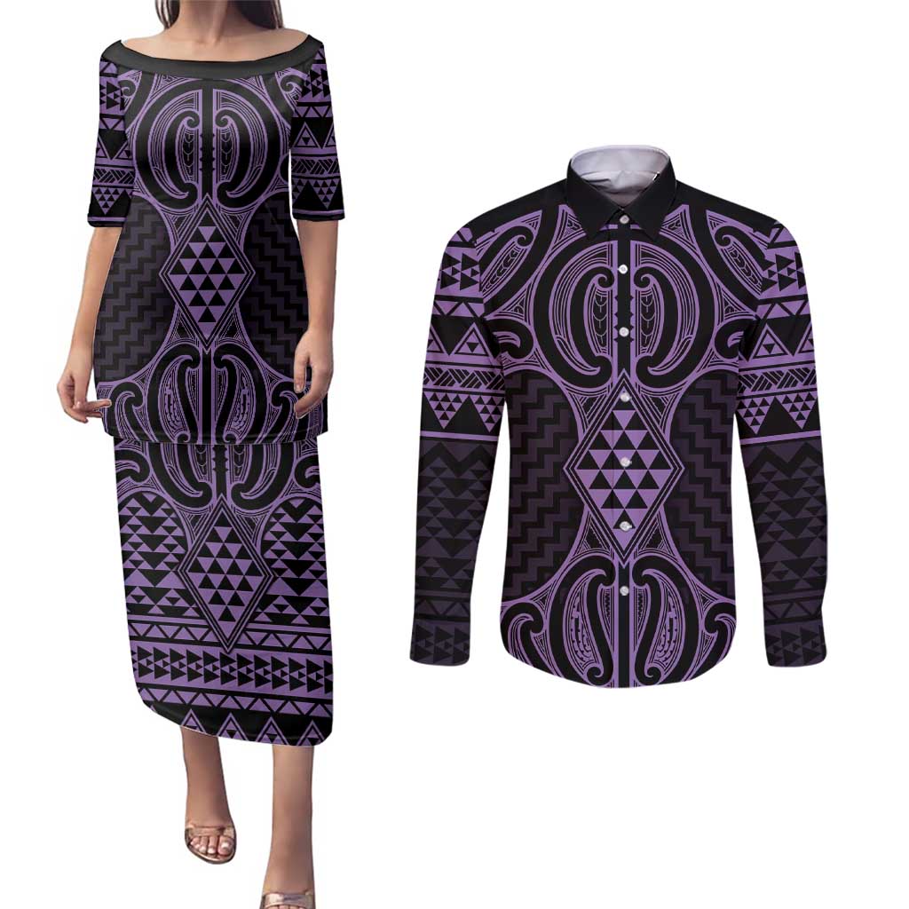 Waiporoporo Maori Ta Moko Poutama Art Couples Matching Puletasi and Long Sleeve Button Shirt LT9 Purple - Polynesian Pride