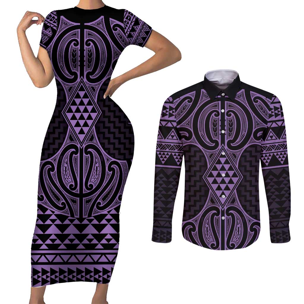 Waiporoporo Maori Ta Moko Poutama Art Couples Matching Short Sleeve Bodycon Dress and Long Sleeve Button Shirt LT9 Purple - Polynesian Pride