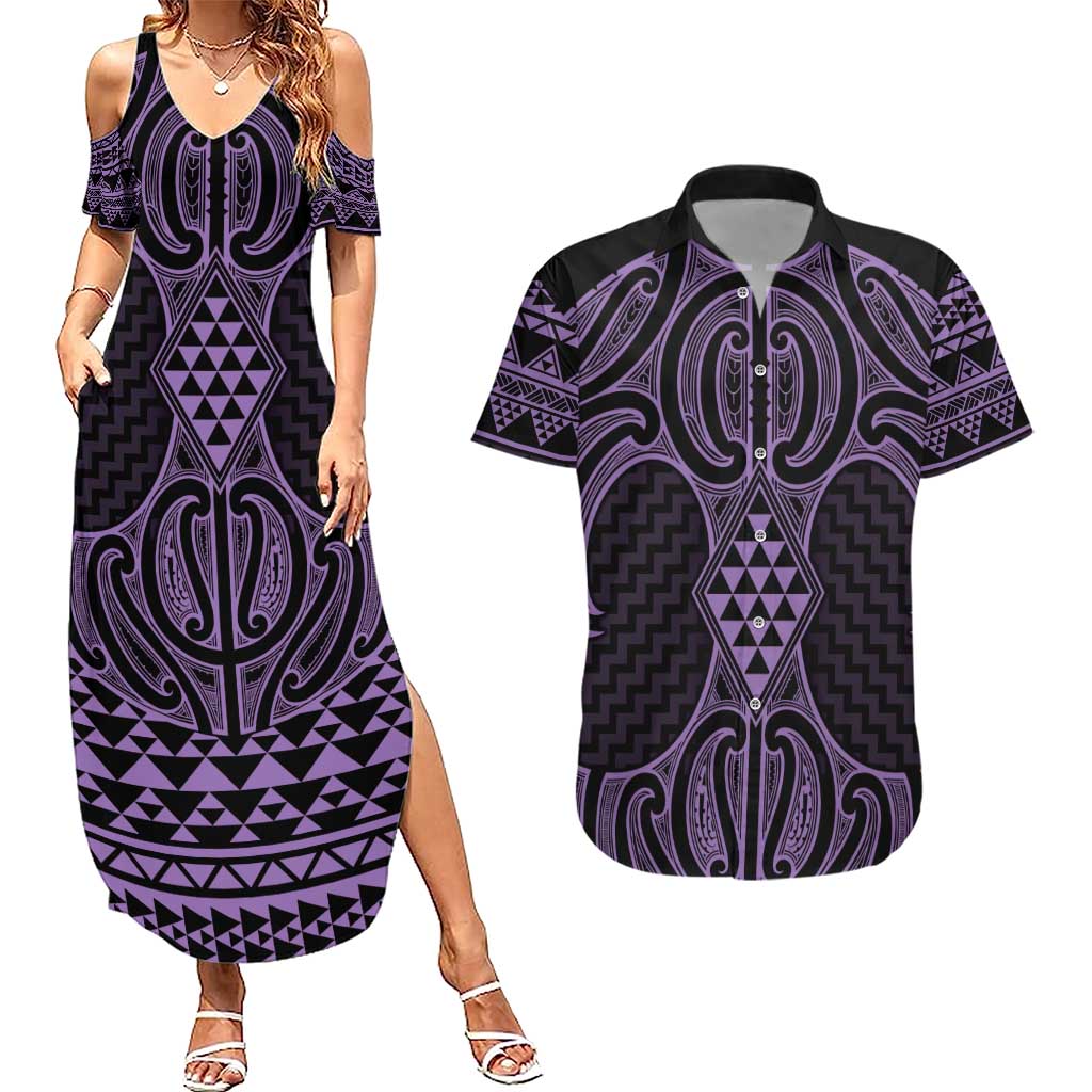Waiporoporo Maori Ta Moko Poutama Art Couples Matching Summer Maxi Dress and Hawaiian Shirt LT9 Purple - Polynesian Pride