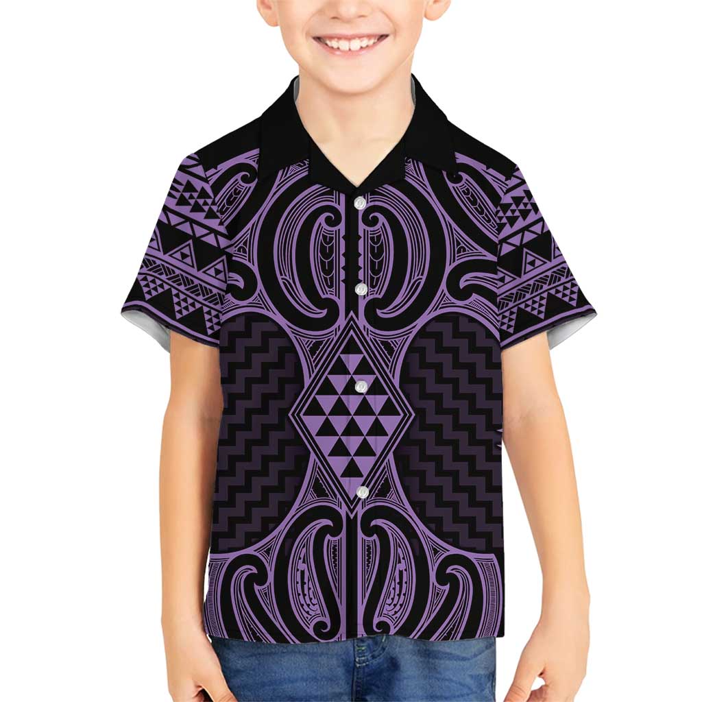 Waiporoporo Maori Ta Moko Poutama Art Family Matching Off Shoulder Maxi Dress and Hawaiian Shirt LT9 Son's Shirt Purple - Polynesian Pride