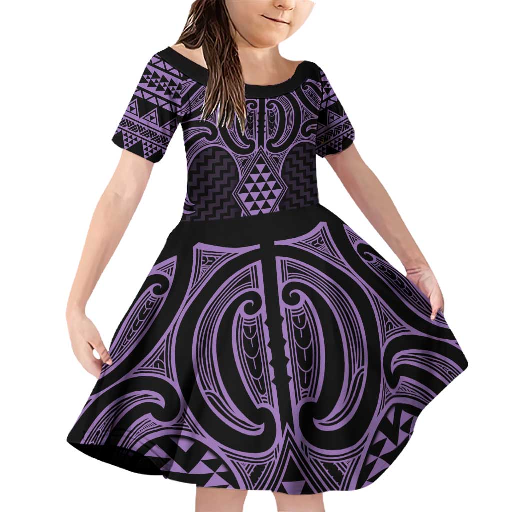 Waiporoporo Maori Ta Moko Poutama Art Family Matching Off Shoulder Short Dress and Hawaiian Shirt LT9 Daughter's Dress Purple - Polynesian Pride