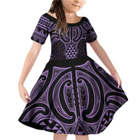 Waiporoporo Maori Ta Moko Poutama Art Family Matching Off Shoulder Short Dress and Hawaiian Shirt LT9 Daughter's Dress Purple - Polynesian Pride