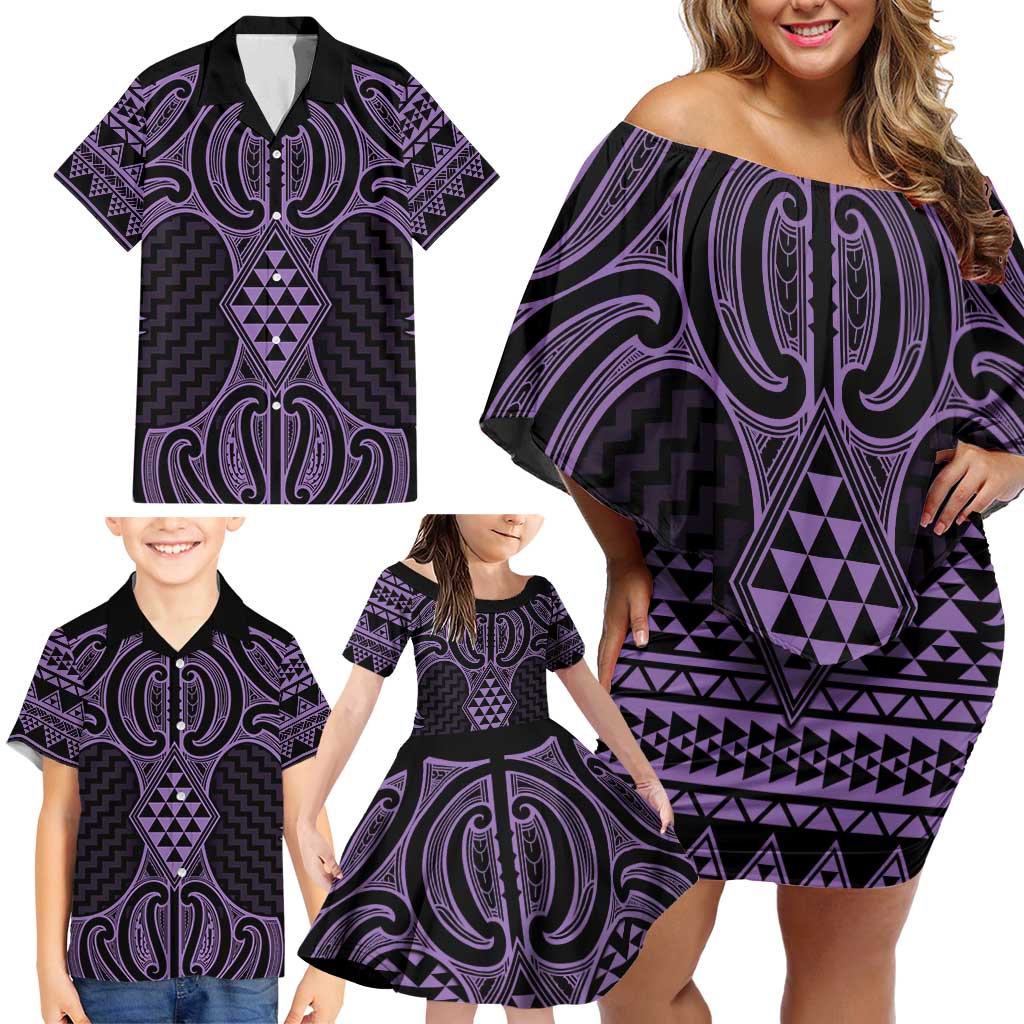 Waiporoporo Maori Ta Moko Poutama Art Family Matching Off Shoulder Short Dress and Hawaiian Shirt LT9 - Polynesian Pride