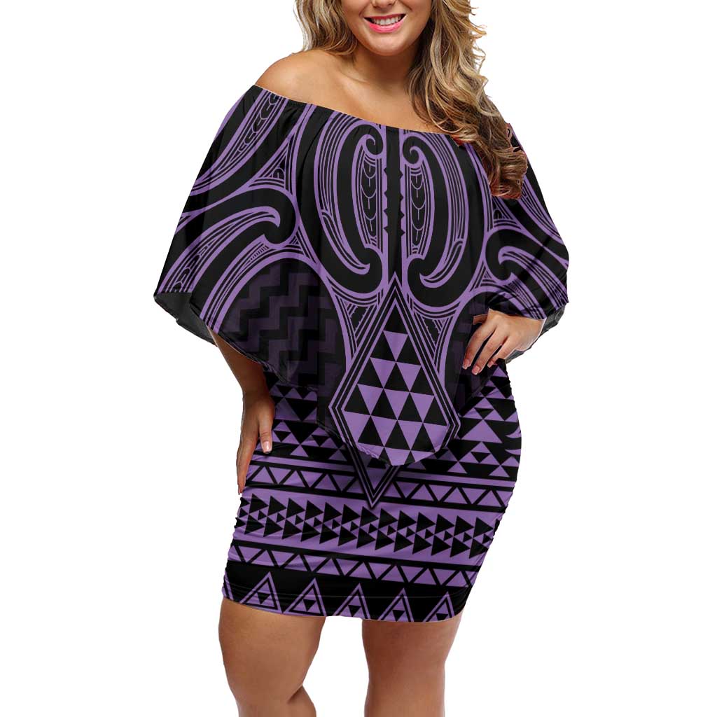 Waiporoporo Maori Ta Moko Poutama Art Family Matching Off Shoulder Short Dress and Hawaiian Shirt LT9 Mom's Dress Purple - Polynesian Pride