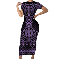 Waiporoporo Maori Ta Moko Poutama Art Family Matching Short Sleeve Bodycon Dress and Hawaiian Shirt LT9 Mom's Dress Purple - Polynesian Pride