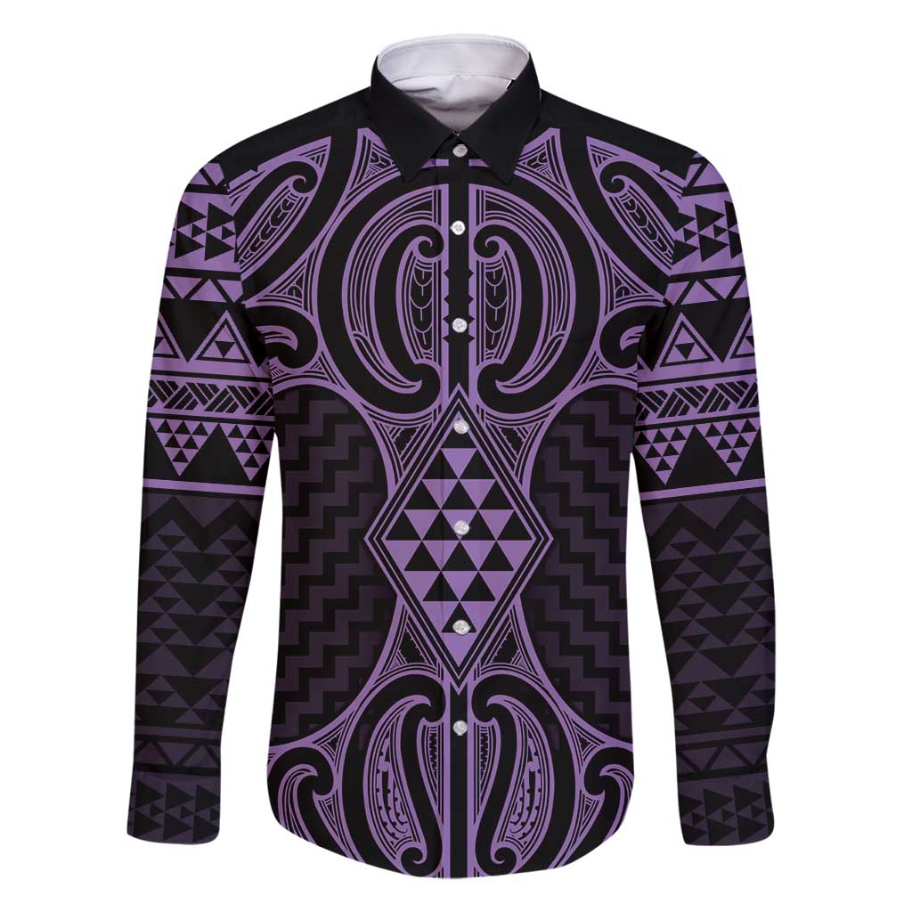 Waiporoporo Maori Ta Moko Poutama Art Family Matching Summer Maxi Dress and Hawaiian Shirt LT9 Dad's Shirt - Long Sleeve Purple - Polynesian Pride