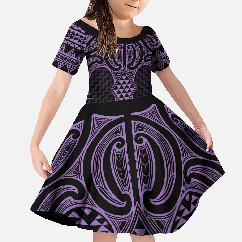 Waiporoporo Maori Ta Moko Poutama Art Family Matching Tank Maxi Dress and Hawaiian Shirt LT9 Daughter's Dress Purple - Polynesian Pride