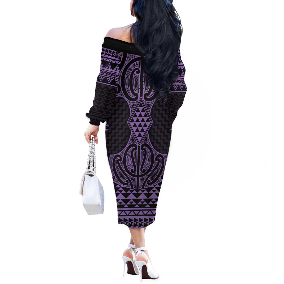Waiporoporo Maori Ta Moko Poutama Art Off The Shoulder Long Sleeve Dress LT9 - Polynesian Pride