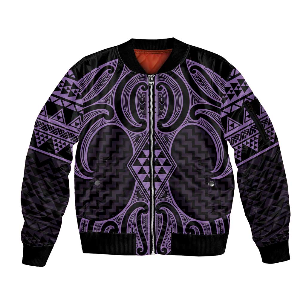 Waiporoporo Maori Ta Moko Poutama Art Sleeve Zip Bomber Jacket LT9 Unisex Purple - Polynesian Pride