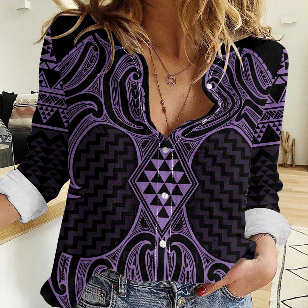 Waiporoporo Maori Ta Moko Poutama Art Women Casual Shirt LT9 Female Purple - Polynesian Pride