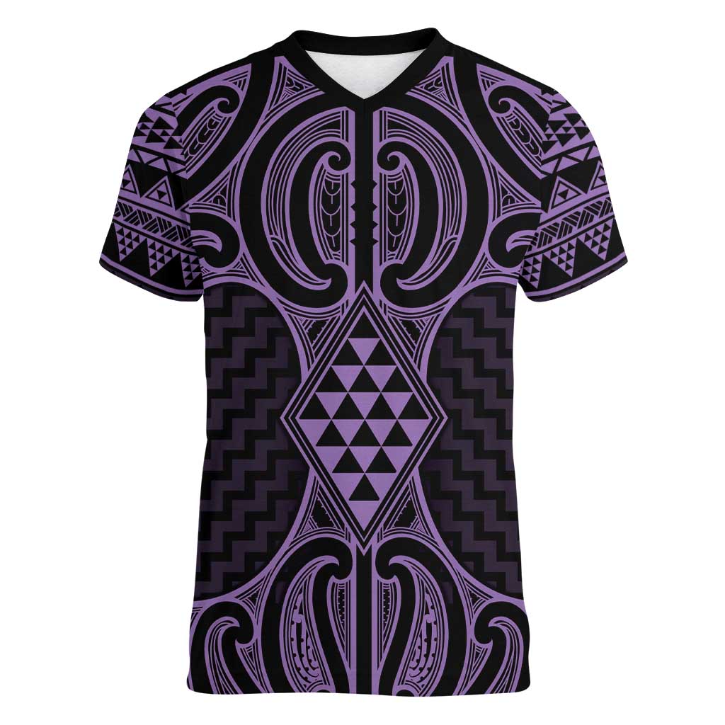 Waiporoporo Maori Ta Moko Poutama Art Women V-Neck T-Shirt LT9 Female Purple - Polynesian Pride