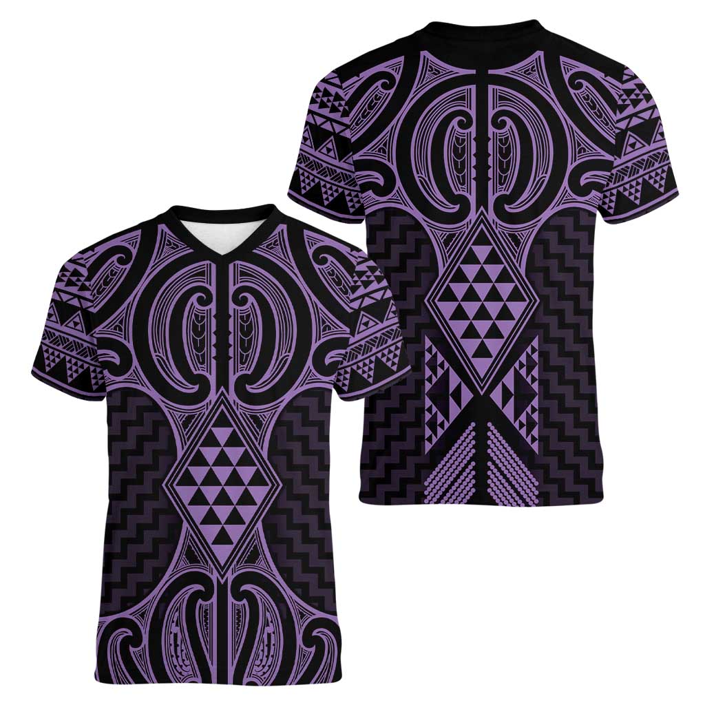 Waiporoporo Maori Ta Moko Poutama Art Women V-Neck T-Shirt LT9 - Polynesian Pride