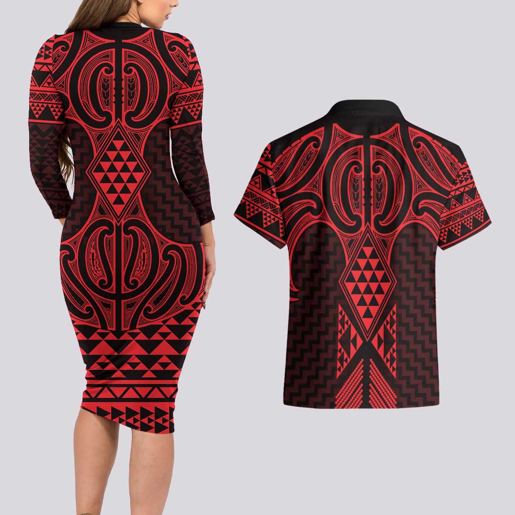 Whero Maori Ta Moko Poutama Art Couples Matching Long Sleeve Bodycon Dress and Hawaiian Shirt LT9 - Polynesian Pride
